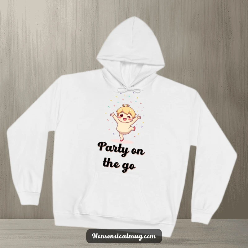 Funny hoodie: a kawaii character joyfully performs a cartwheel, showering confetti in a celebratory mood.