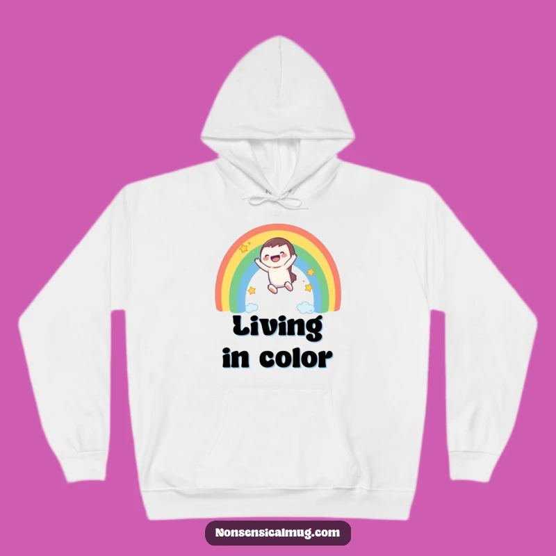 Cozy Funny Rainbow Slide Hoodie: A Laughing Character's Dreamy, Warm Adventure!
