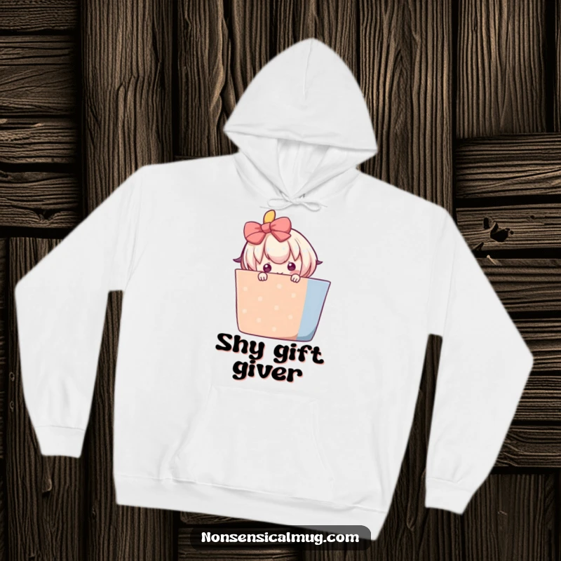 Funny hoodie featuring a blushing character shyly peeking from behind a large, colorful gift, a cozy and endearing design.