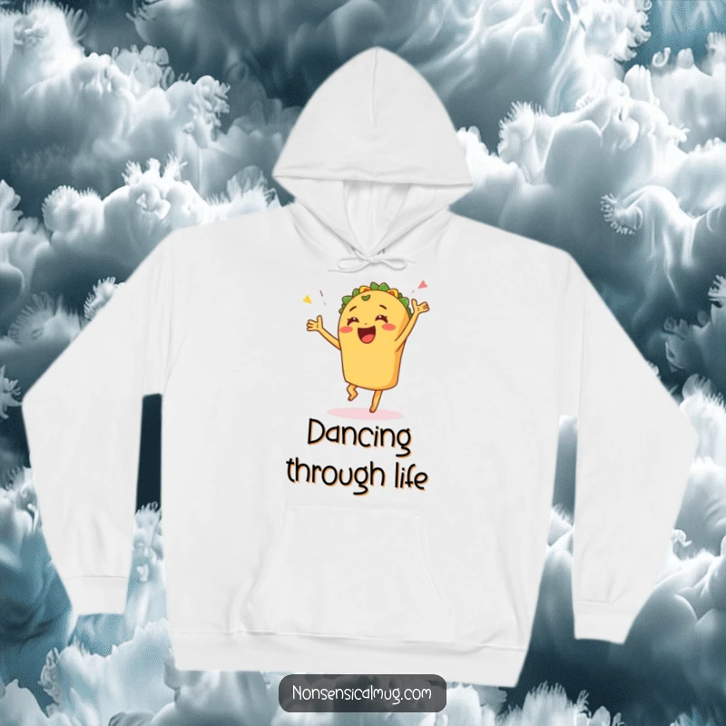 Funny hoodie depicting a joyful taco in mid-celebration dance, radiating fiesta energy and happiness.