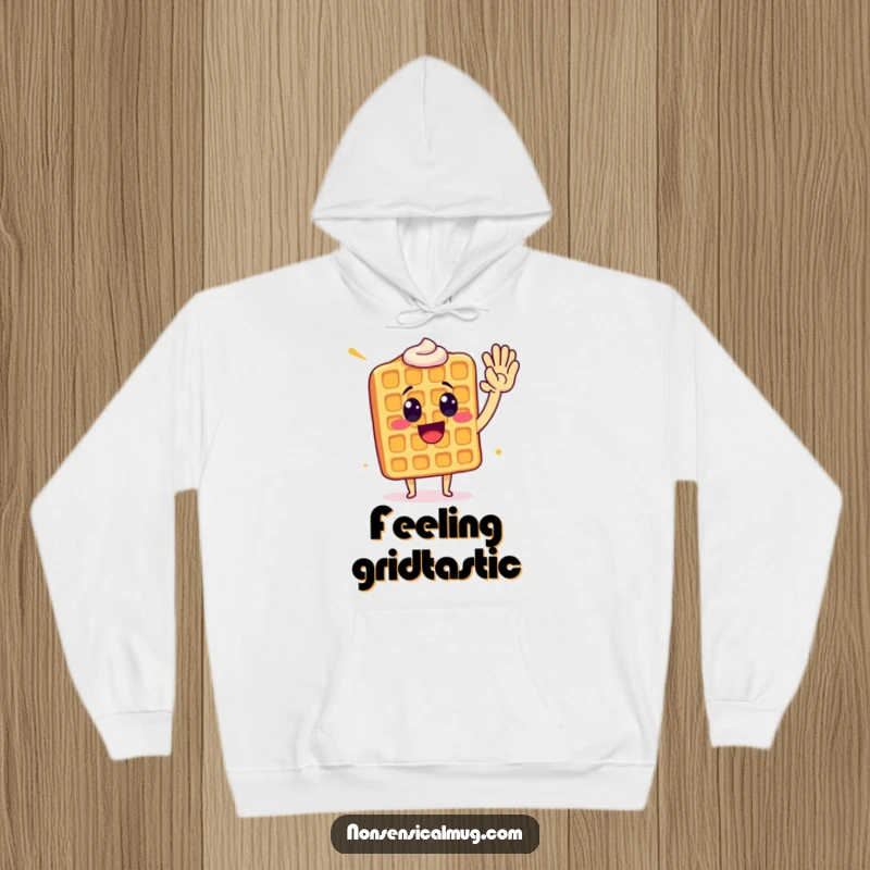 Funny waffle character giving a high five, featured on a cozy hoodie for humorous warmth.
