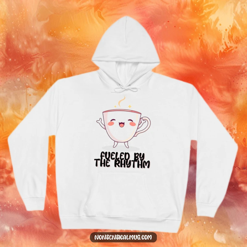 Funny dancing teacup with tiny limbs, captured mid-twirl on a cozy hoodie, radiating fun.
