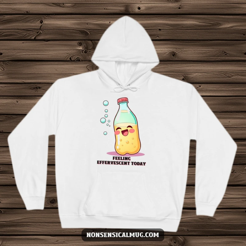 Funny giggling soda bottle hoodie, offering warmth and humorous charm with playful escaping bubbles.
