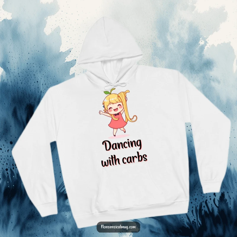 Funny hoodie depicting a delighted character dancing ecstatically with a single, oversized, wiggly noodle.