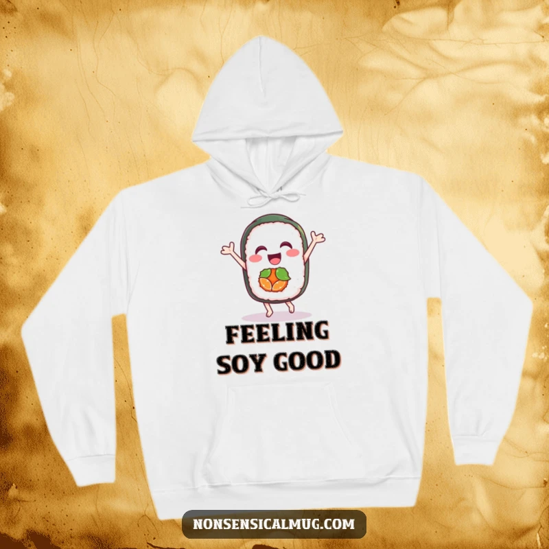 Funny hoodie showcasing a delighted sushi roll character doing a joyful dance, perfect for staying warm and stylish.