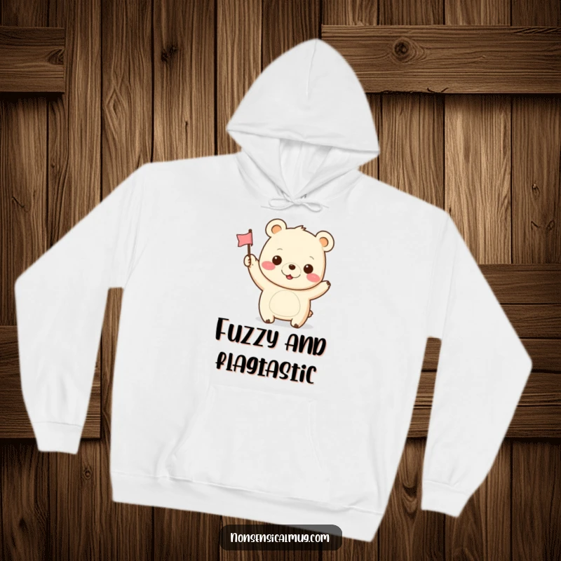 Funny Kawaii Bear Hoodie: A cute bear happily waves a miniature flag, showcasing a contagiously cheerful expression.