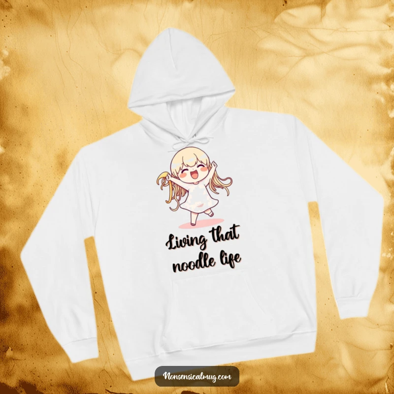 Funny hoodie featuring a delighted character performing a silly dance with an enormous, wiggling noodle, embodying pure food-fueled happiness, a cool present.