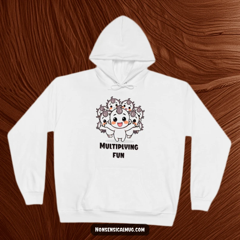 Funny hoodie featuring a happy character creating multiple bouncing duplicates, embodying boundless energy and cheerful multiplication.