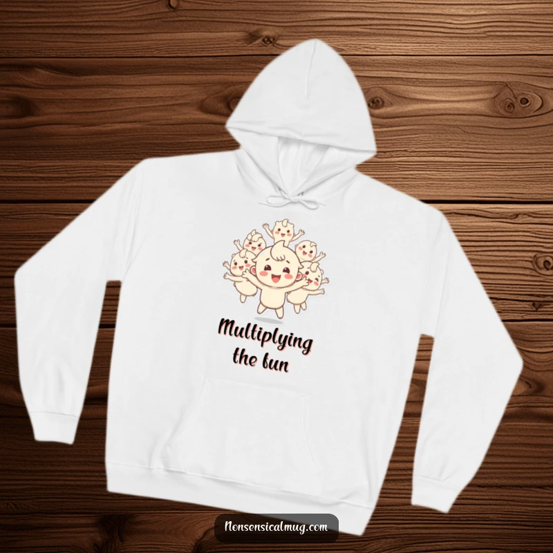 Funny hoodie featuring a happy character energetically splitting into several bouncing duplicates, perfect for staying warm and channeling positive, multiplied vibes.