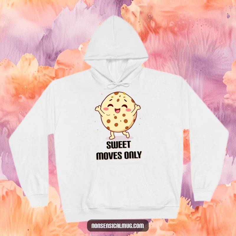 Funny delighted cookie character doing a happy dance with sprinkles on a soft hoodie, for cozy and cheerful humor.