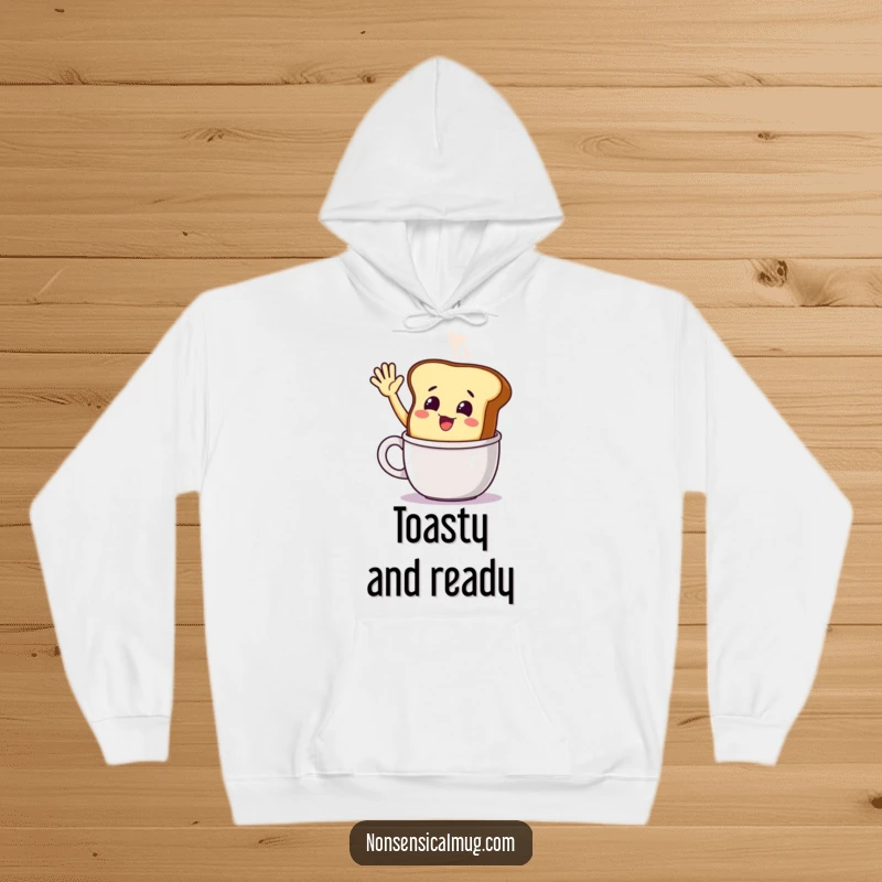 Funny smiling toast character waving from a steaming mug on a cozy hoodie, providing warmth and humorous breakfast vibes.