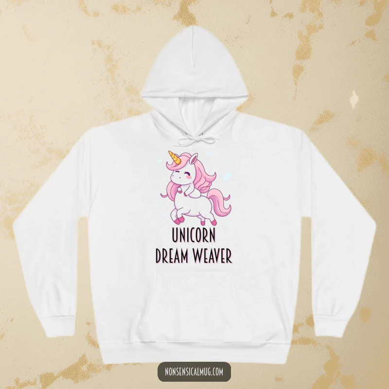 Funny hoodie depicting a giggling character joyfully riding a unicorn made of iridescent bubbles, perfect for staying cozy and embracing magical dreams.