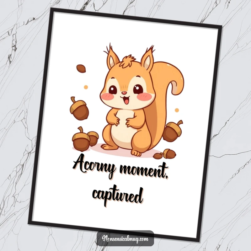 Funny Free Printable Wall Art: A kawaii squirrel happily juggles acorns while wearing a surprised expression, a whimsical piece.