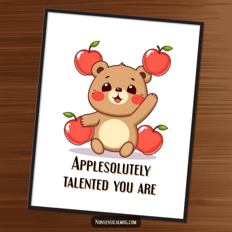Funny free printable wall art: a round bear character playfully juggling three shiny apples, adding comic relief to decor.
