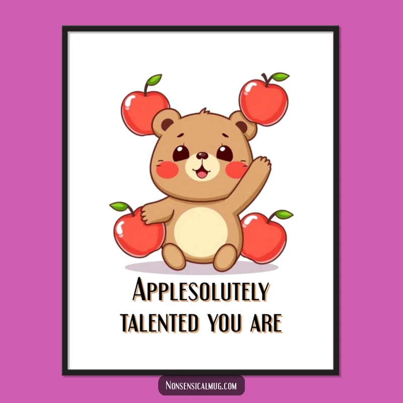 Funny Free Printable Bear Juggling Apples Wall Art - Downloadable Decor