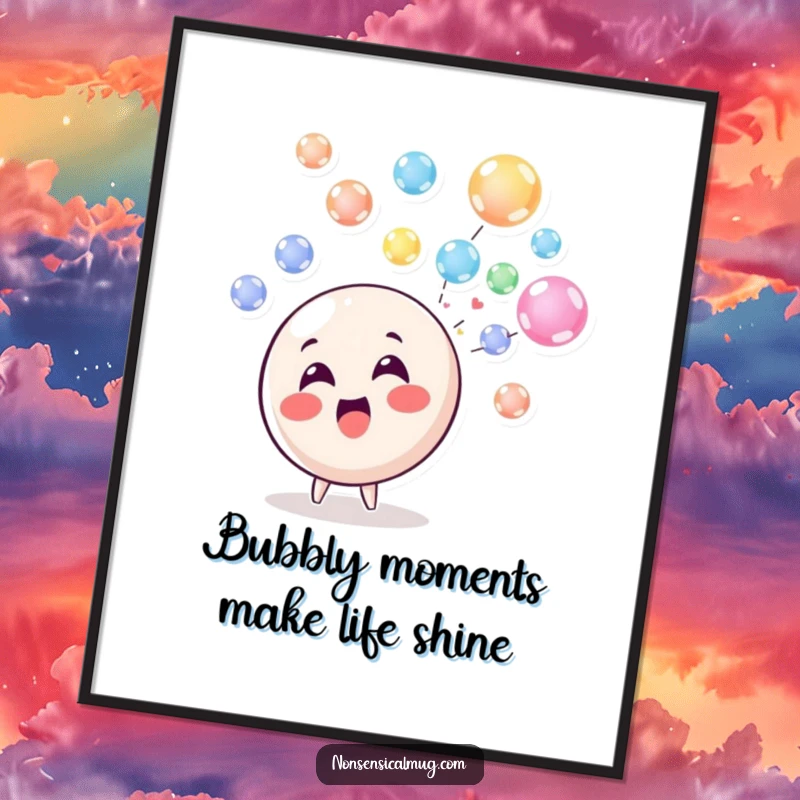 Funny Free Printable Wall Art: Delighted circle character joyfully blowing a stream of colorful, floating bubbles, quirky home decor.