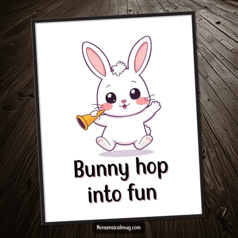 Funny Free Printable Wall Art of a bouncing kawaii bunny with wide eyes, holding a party horn, radiating excitement.
