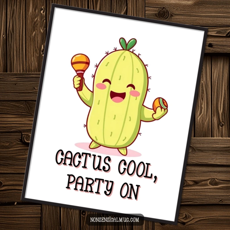 Funny Free Printable Wall Art: A smiling cactus character gleefully dances with maracas, bringing festive energy.
