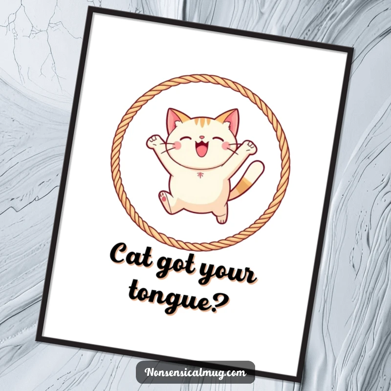 Funny Free Printable Wall Art: A round cat character joyfully leaping through a hoop made of colorful yarn.