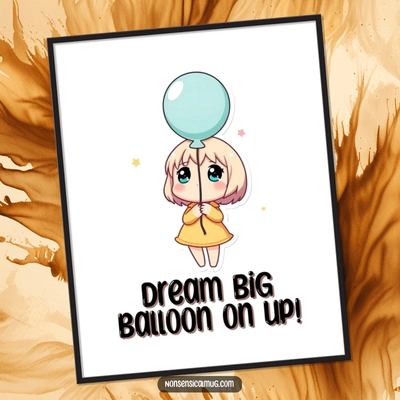 Funny free printable wall art of a character holding a balloon, looking up dreamily, inspiring wonder and aspiration.