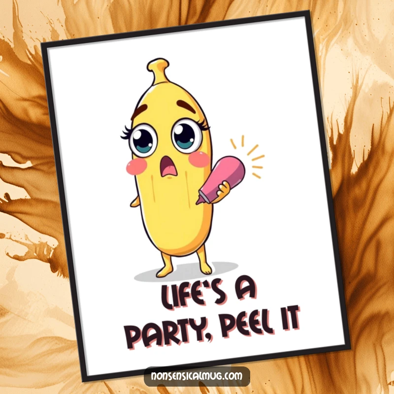 Funny free printable wall art featuring a surprised banana character with wide eyes holding a party popper, adding a fruity decor burst.