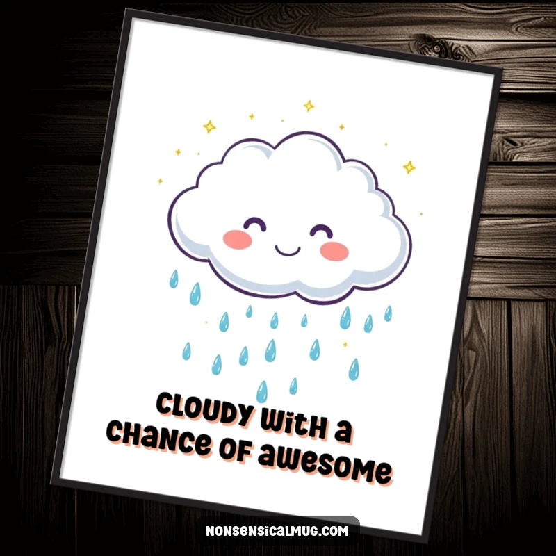 Funny Free Printable Wall Art: A cute cloud character happily showers sparkling raindrops with a cheerful grin.