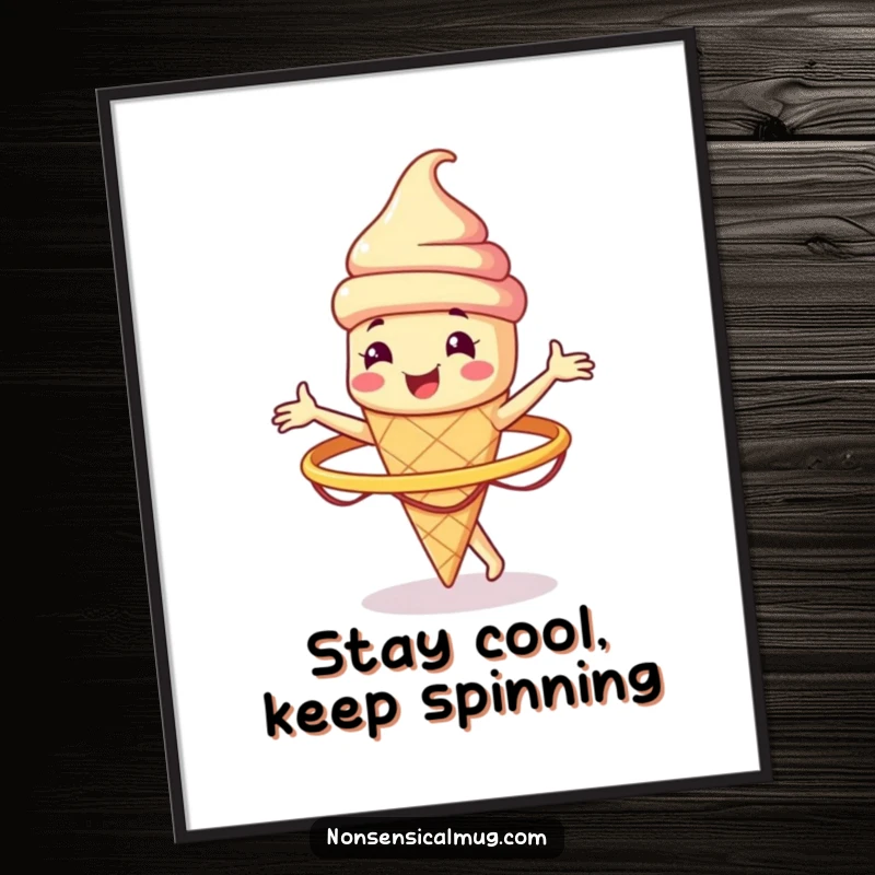 Funny free printable wall art featuring a smiling ice cream cone character spinning a hula hoop adds fun and cool decor.