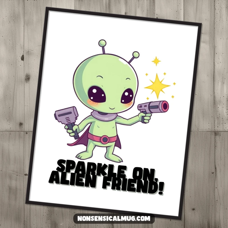 Free Printable wall art depicting a cute kawaii alien mid-wave, holding a ray gun that shoots a burst of shiny sparkles.