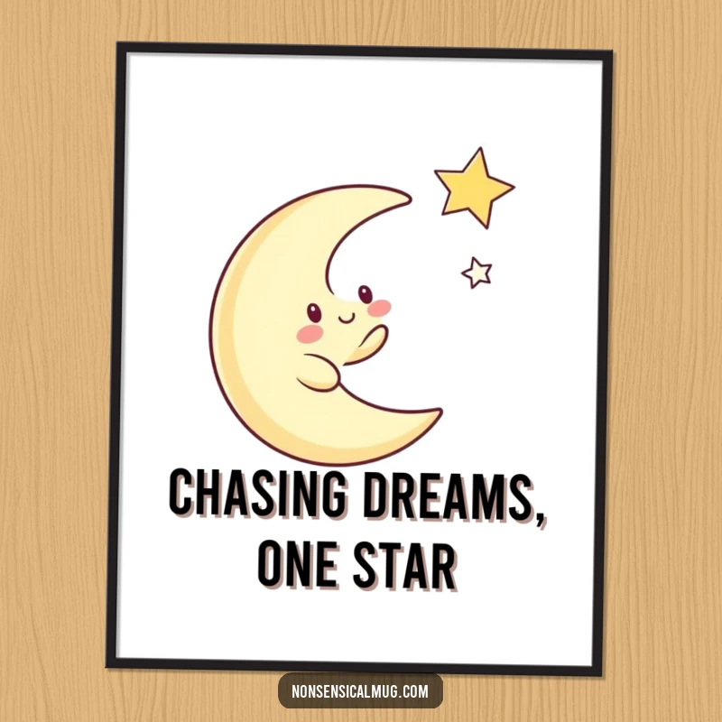Funny Free Printable Wall Art: Whimsical crescent moon character playfully chases a twinkling star across a cosmic background.