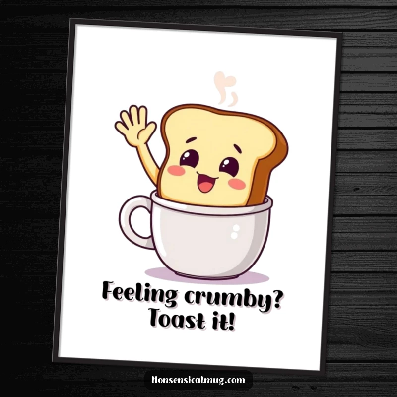 Funny Free Printable Wall Art: A smiling toast character excitedly waving from inside a steaming mug.