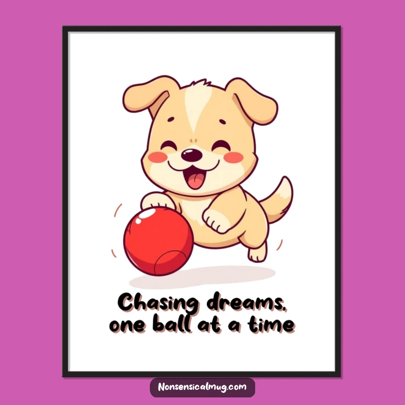 Free Printable Wall Art: Energetic Dog Ball Chase, Funny Kawaii Downloadable Decor for Dog Enthusiasts