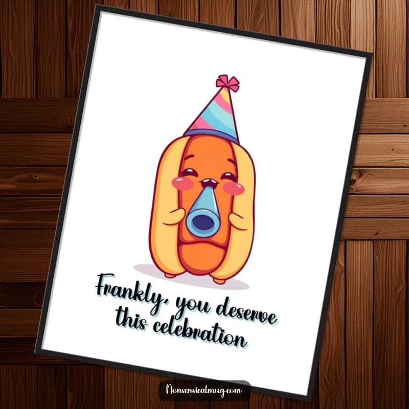 Funny Free Printable wall art, a happy hot dog wearing a party hat and blowing a noisemaker, depicted with a lively and celebratory style.