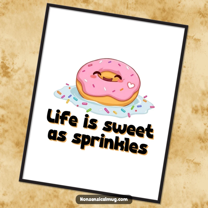 Funny Free Printable Wall Art: A giggling donut happily floating in a vibrant pool of sprinkles, bringing sweet joy and fun to decor.