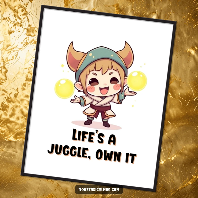 Funny Free Printable Wall Art: A mischievous character is captured mid-juggle with three radiant orbs, creating a captivating and playful visual.