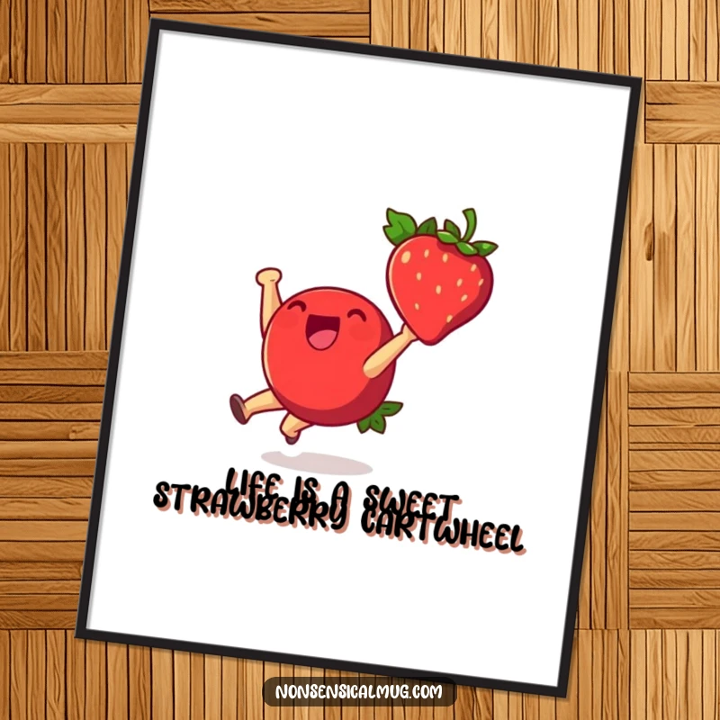 Funny Free Printable Wall Art: A cheerful strawberry doing a cartwheel with a joyful leap, bringing dynamic energy and fun to decor.