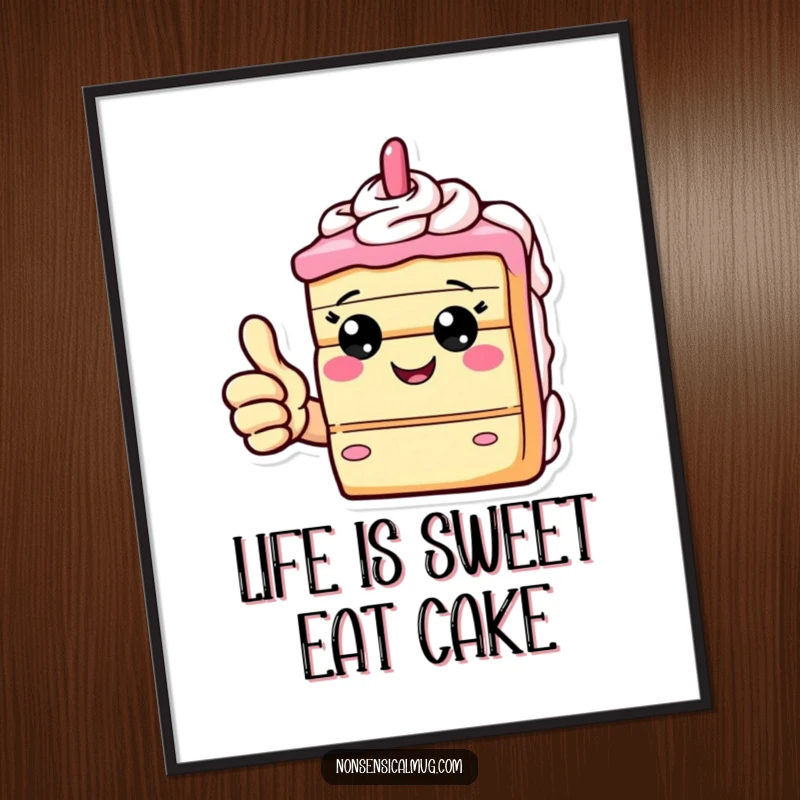 Funny Free Printable Wall Art: A happy slice of cake giving a confident thumbs up.