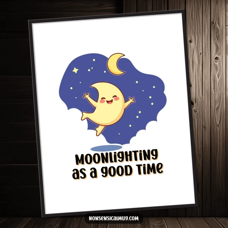 Funny Free Printable Wall Art: A smiling crescent moon character doing an energetic cartwheel in the dark, starry night sky.