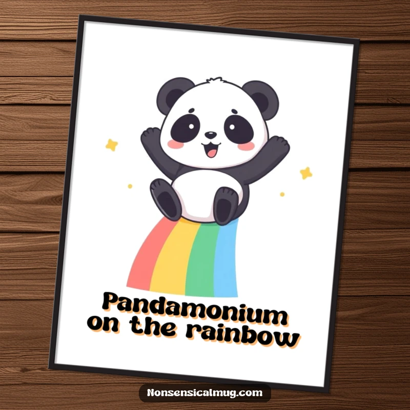 Funny Free Printable Wall Art: A kawaii panda slides gleefully down a vibrant rainbow, bringing joy and color.