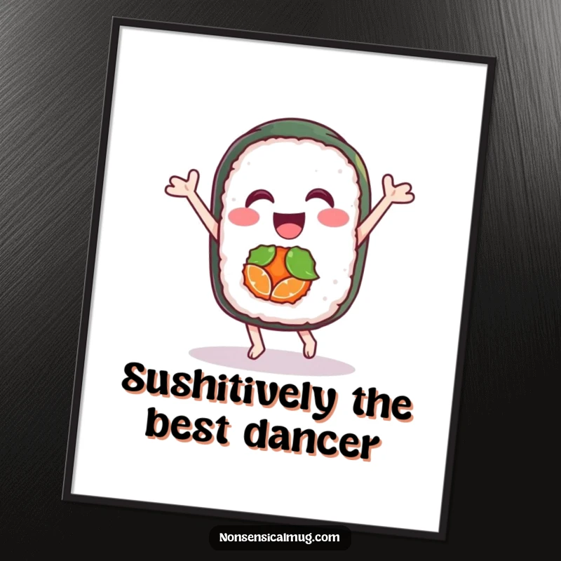Funny Free Printable Sushi Wall Art depicting a delighted sushi roll performing a joyful dance, adding a whimsical touch.