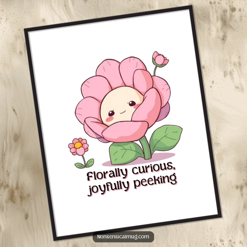 Funny free printable wall art of a cute, curious blob character peeking from behind a large, colorful flower. Playful decor.