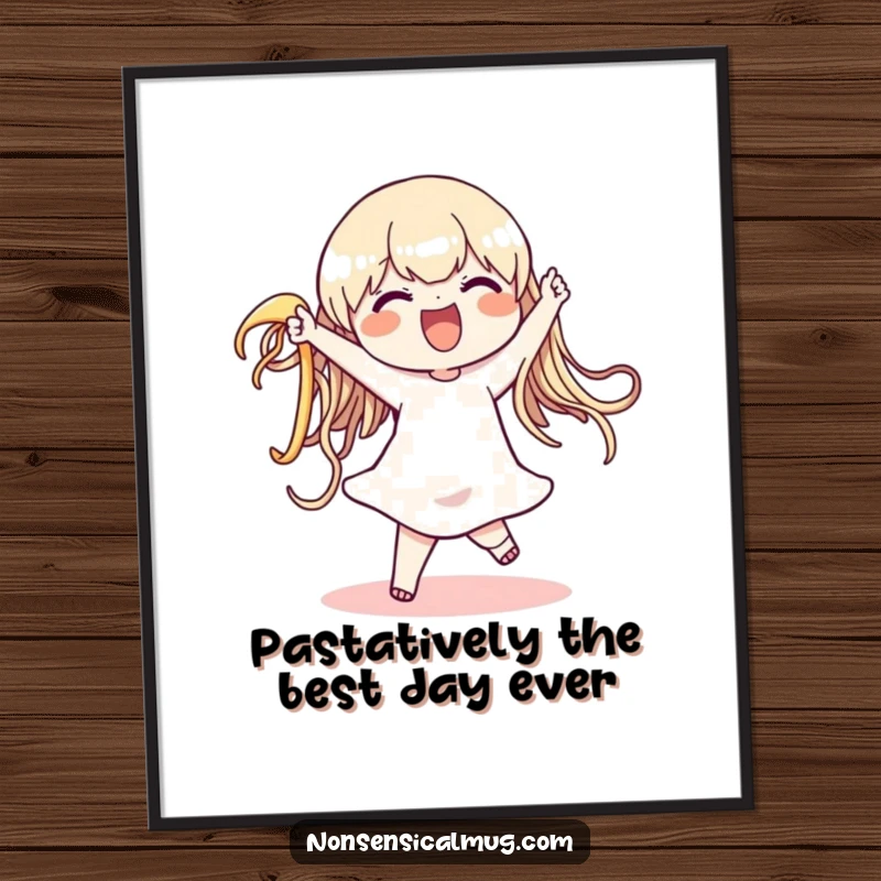 Funny Free Printable Wall Art: Delighted character is captured mid-dance with an oversized, wiggling noodle.