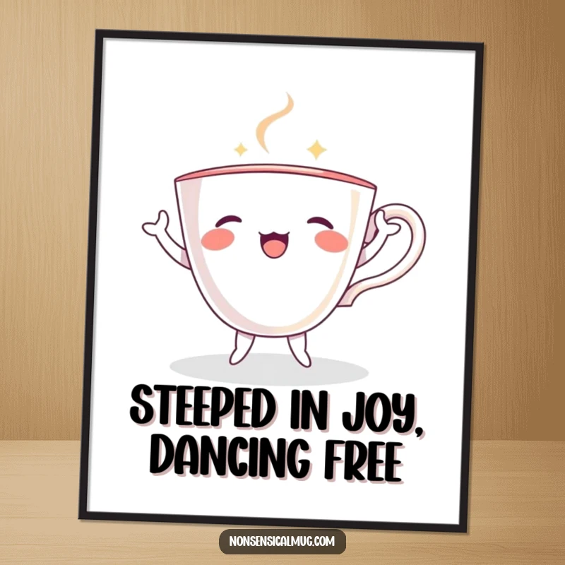 Funny free printable wall art depicting a teacup character with small arms and legs, joyfully dancing in a dynamic pose.