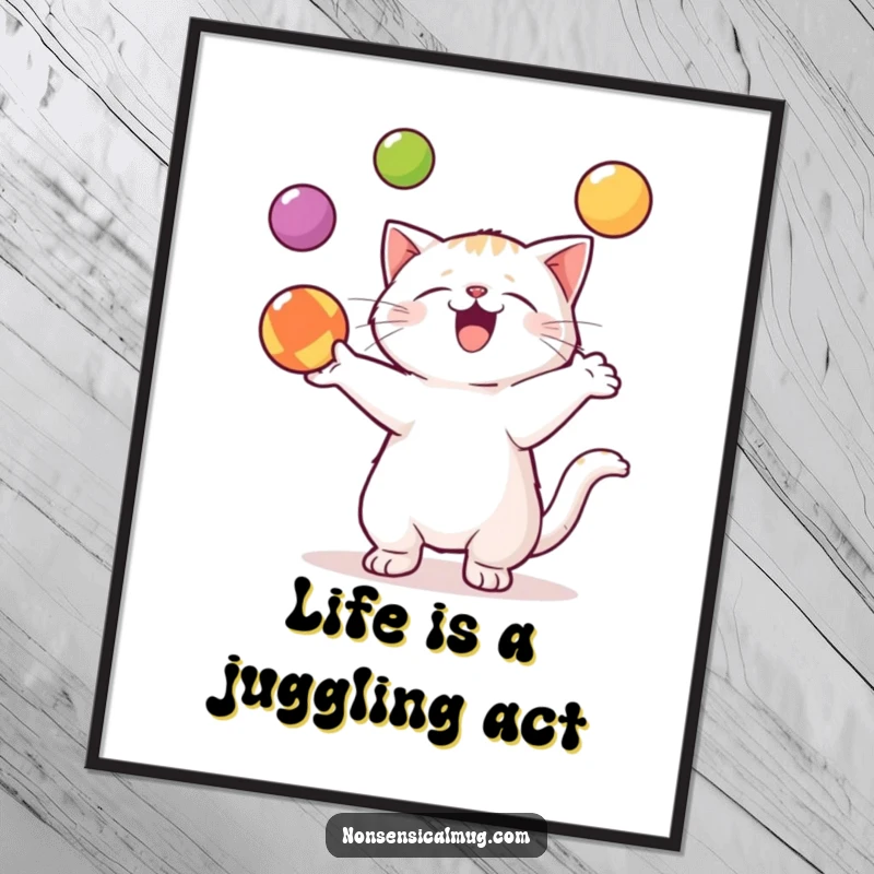 Funny Free Printable Wall Art of a kawaii cat enthusiastically juggling three colorful balls, showcasing impressive skill and charm.