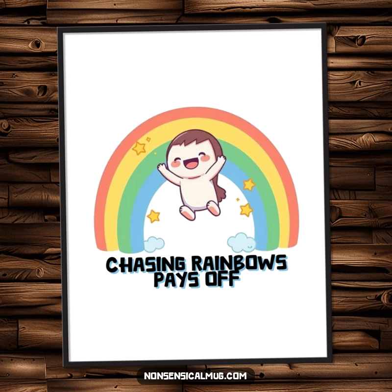 Funny Free Printable Wall Art: A character gleefully slides down a rainbow, surrounded by whimsical stars.