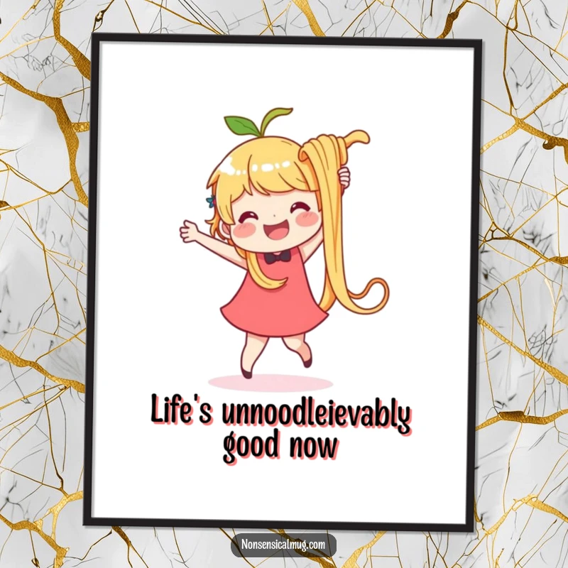 Funny Free Printable Wall Art: a delighted character dances with a single, oversized, wiggling noodle.