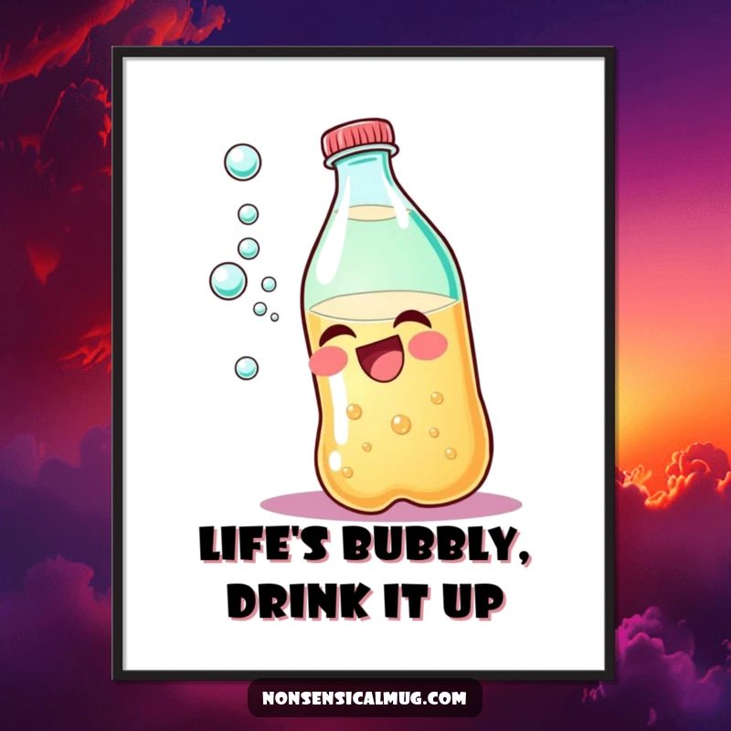Funny Free Printable Wall Art: A giggling soda bottle with escaping bubbles radiates pure, infectious, bubbly happiness.