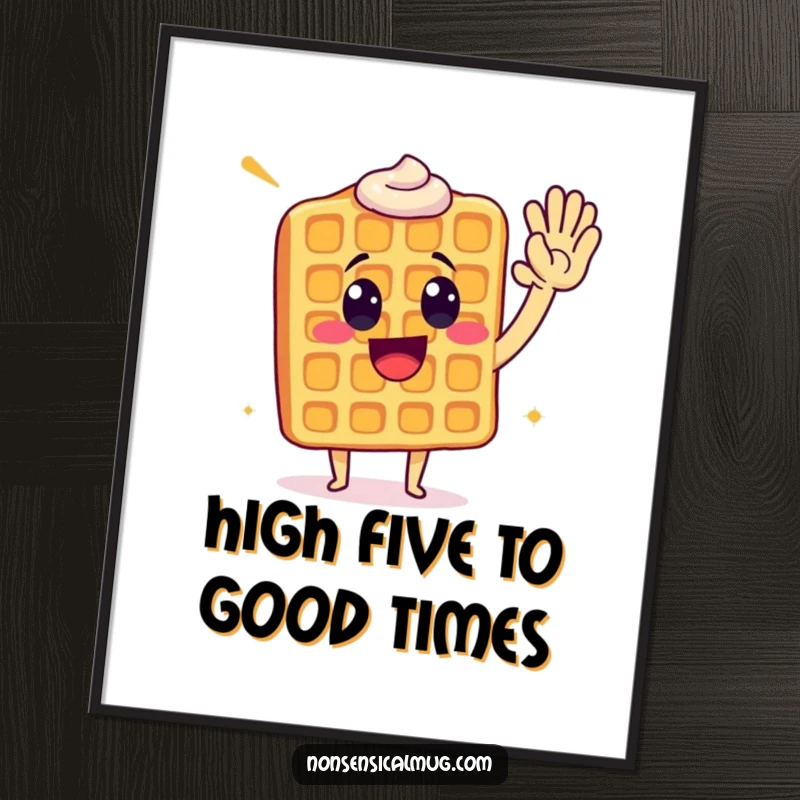 Funny Free Printable Wall Art: An ecstatic waffle gives a high five, radiating infectious enthusiasm and positive vibes.