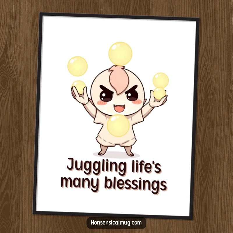 Funny Free Printable Wall Art: Mischievous character skillfully juggles three luminous, glowing orbs.