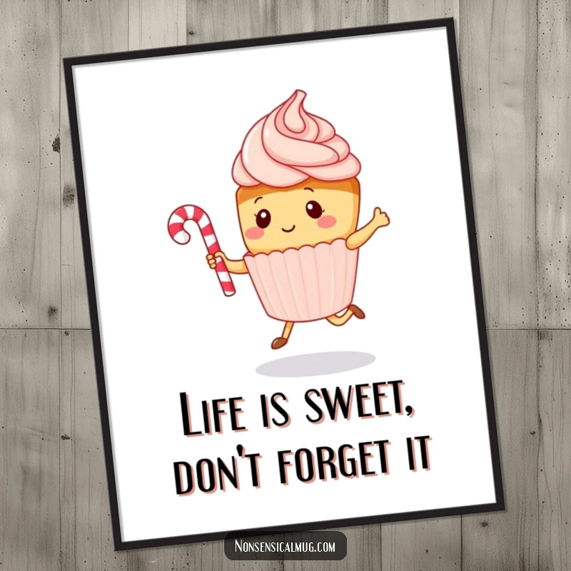 Funny free printable wall art featuring a kawaii cupcake character playfully jumping rope with a candy cane, perfect for sweet room decor.