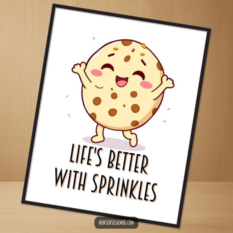Funny free printable wall art featuring a delighted cookie character doing a happy dance with sprinkles for a sweet and cheerful decor.